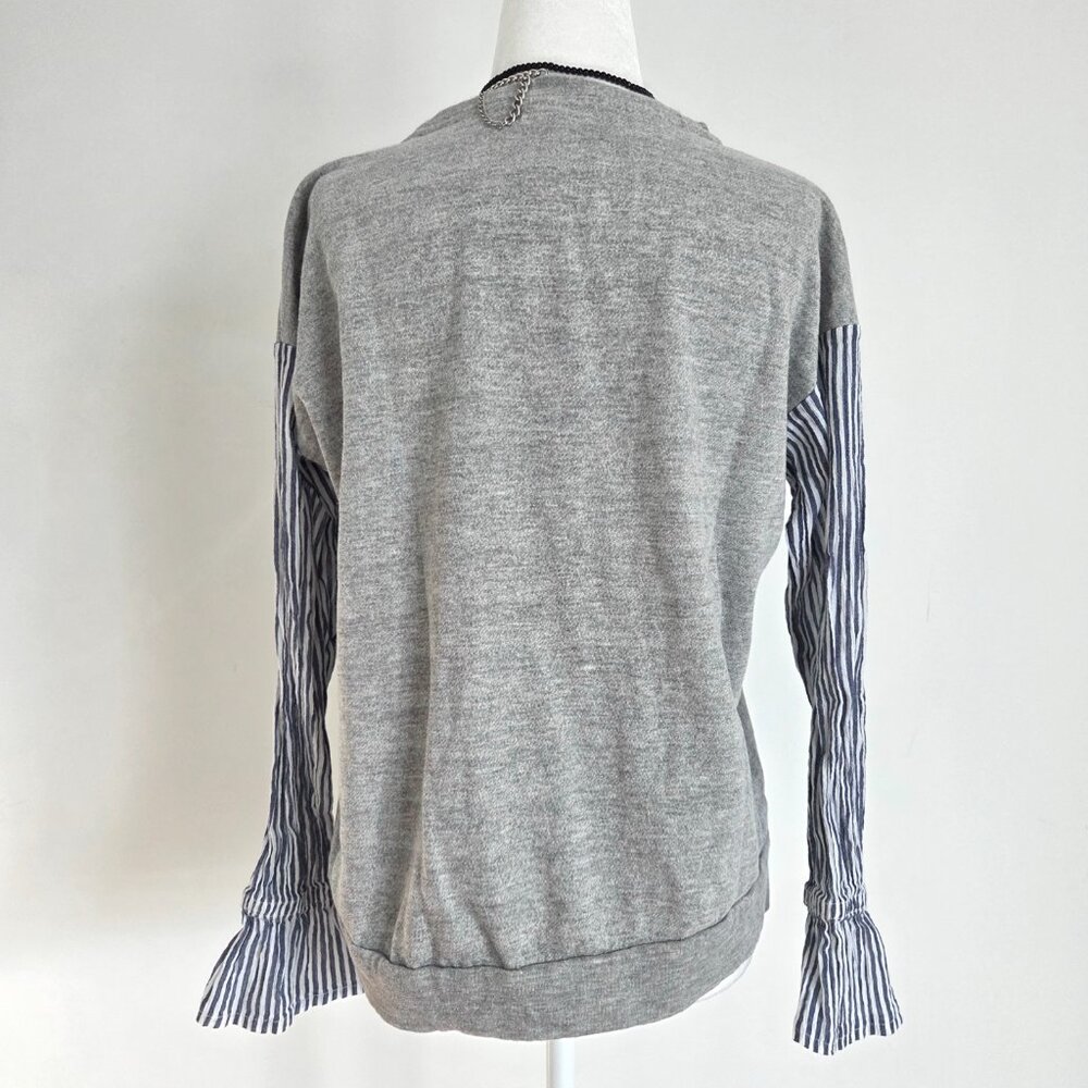 Mixed Media Bell Sleeve Sweatshirt‎ Medium Blue Stripes Preppy Coastal Old Money - Picture 3 of 16